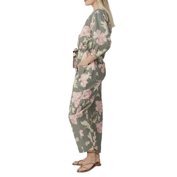 Lavie Rebecca Taylor Floral Short Sleeve Peonies Jumpsuit In Moss Combo XL - Picture 2 of 16